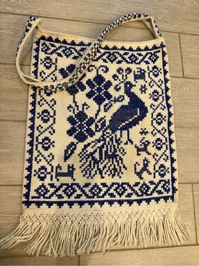 Traditional Handwoven Scandinavian Cross-Stitch Tote Bag with Macrame Fringe